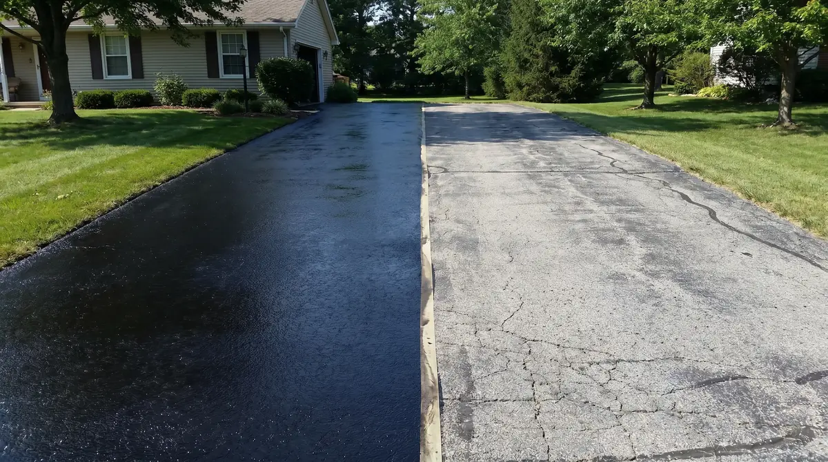 Freshly seal coated black asphalt driveway with a glossy new finish